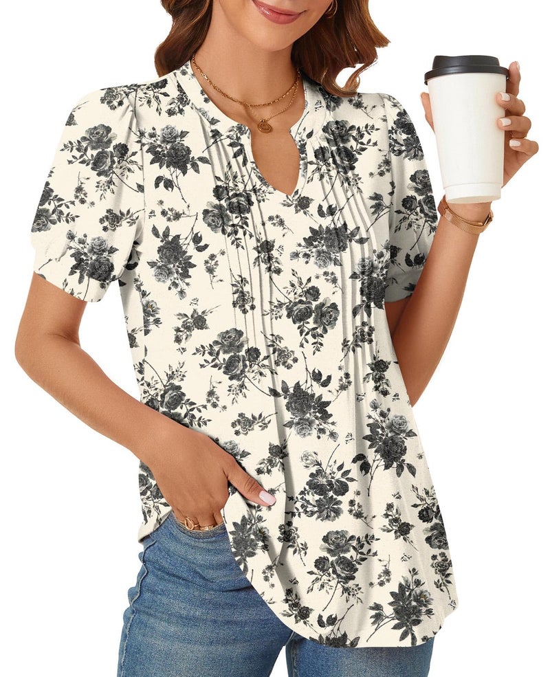 syoss Plus Size Women's Summer Tops 2026 Puff Short Sleeve Dressy Casual Ladies Blouses Elbow Length Sleeve XXL, Ink Roses - Image 3