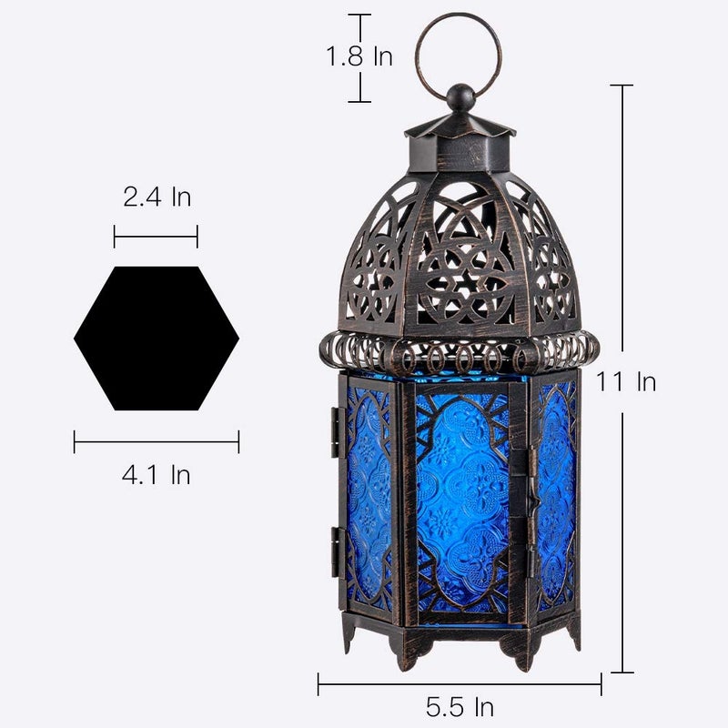 DECORKEY Vintage Candle Lantern, 12.8â€™â€™ Moroccan Style Decorative Metal Hanging&Tabletop Lantern, Ramadan Christmas Candle Holder Decorations for Home Outdoor Patio (Blue) - Image 4