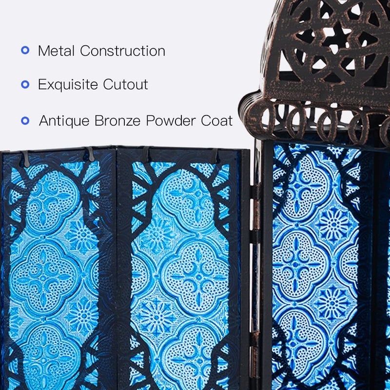 DECORKEY Vintage Candle Lantern, 12.8â€™â€™ Moroccan Style Decorative Metal Hanging&Tabletop Lantern, Ramadan Christmas Candle Holder Decorations for Home Outdoor Patio (Blue) - Image 3