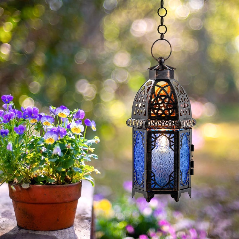 DECORKEY Vintage Candle Lantern, 12.8â€™â€™ Moroccan Style Decorative Metal Hanging&Tabletop Lantern, Ramadan Christmas Candle Holder Decorations for Home Outdoor Patio (Blue) - Image 2