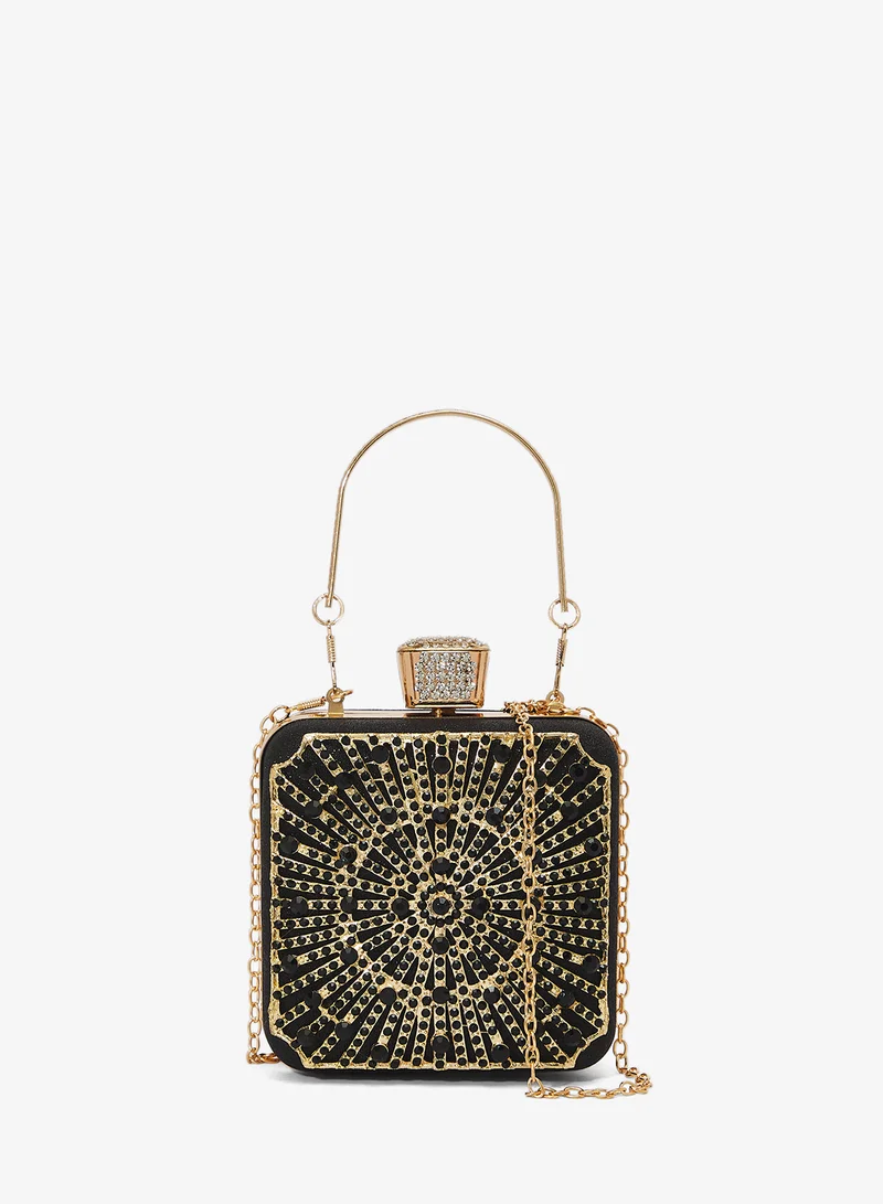 Gold Accent Detailed Embellished Diamonte Handle Bag