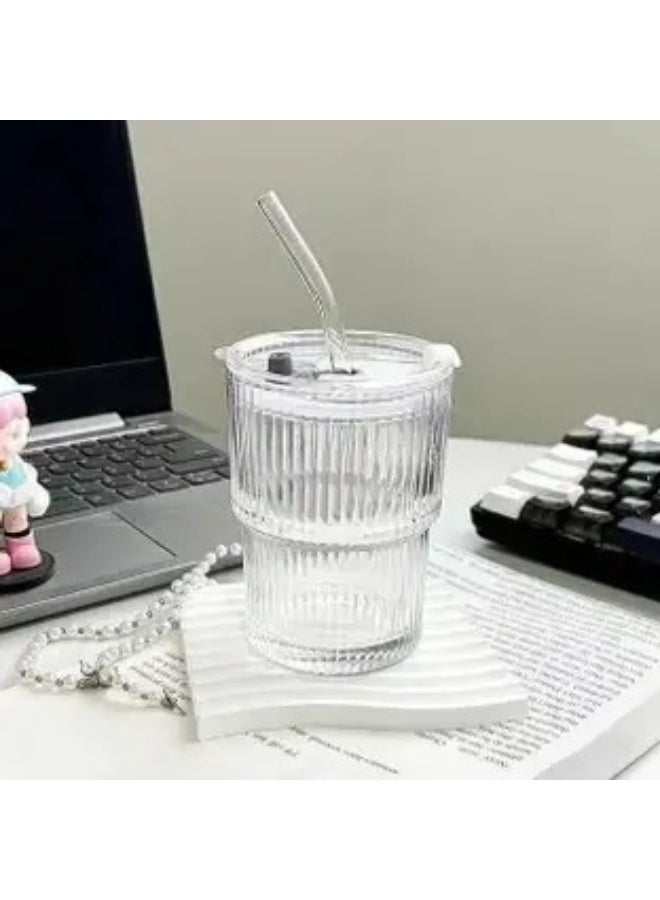 Glass tumbler Drinking Coffee Cup Sipper Glass with Straw and lid Glass Tumbler  (400 ml) - Image 4