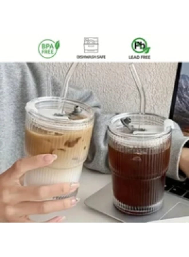 Glass tumbler Drinking Coffee Cup Sipper Glass with Straw and lid Glass Tumbler  (400 ml) - Image 1
