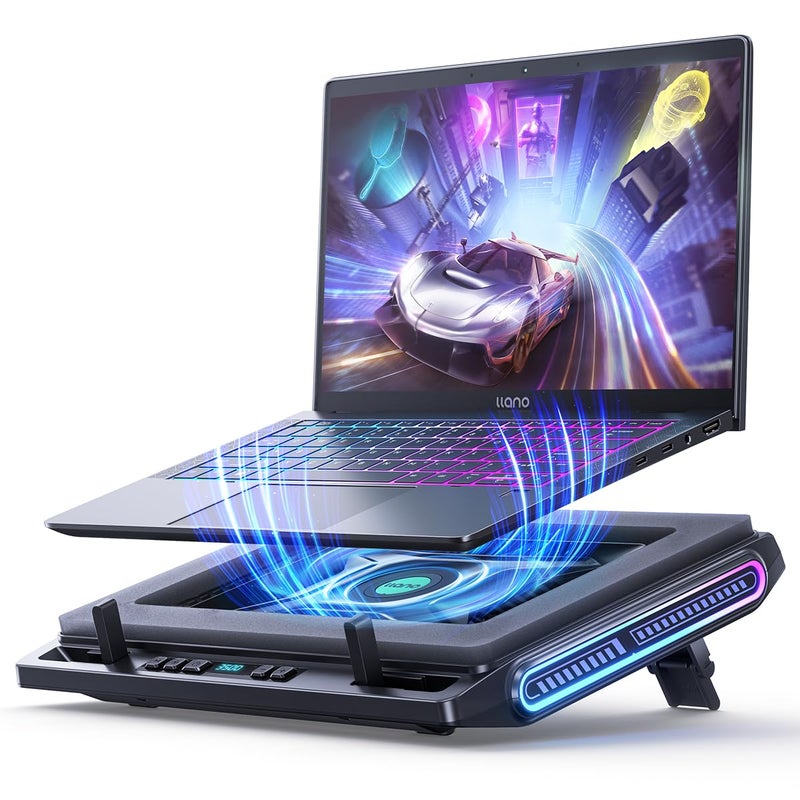llano V10 Gaming Laptop Cooler, RGB Laptop Cooling Pad Stand with Powerful 4.72 Inch External Turbo Cooling Fan, Fast Cooling Computer 13-17.3in, Button Control, 3 Adjustable Stand, 4-Port USB (Black) - Image 1