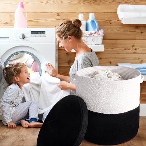 JIABOLANG Large Storage Basket with Lid 60L, 16"Wx18"H Woven Laundry Hamper Basket with Handle, Room Decor Cotton Rope Wicker Basket Toy Organizer Bins for Clothes Blankets Pillows, Black/White Mix includes Lid - Image 4