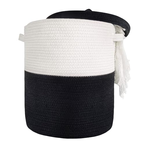 JIABOLANG Large Storage Basket with Lid 60L, 16"Wx18"H Woven Laundry Hamper Basket with Handle, Room Decor Cotton Rope Wicker Basket Toy Organizer Bins for Clothes Blankets Pillows, Black/White Mix includes Lid - Image 1