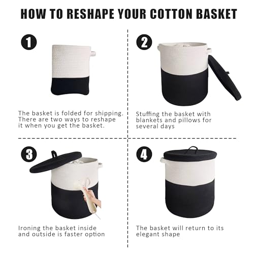 JIABOLANG Large Storage Basket with Lid 60L, 16"Wx18"H Woven Laundry Hamper Basket with Handle, Room Decor Cotton Rope Wicker Basket Toy Organizer Bins for Clothes Blankets Pillows, Black/White Mix includes Lid - Image 5