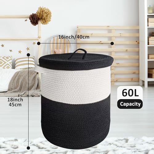 JIABOLANG Large Storage Basket with Lid 60L, 16"Wx18"H Woven Laundry Hamper Basket with Handle, Room Decor Cotton Rope Wicker Basket Toy Organizer Bins for Clothes Blankets Pillows, Black/White Mix includes Lid - Image 2