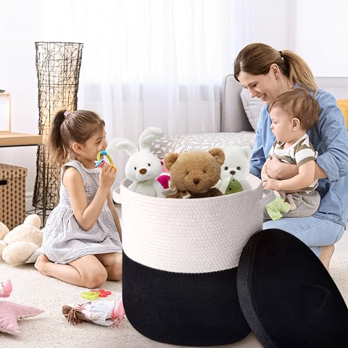 JIABOLANG Large Storage Basket with Lid 60L, 16"Wx18"H Woven Laundry Hamper Basket with Handle, Room Decor Cotton Rope Wicker Basket Toy Organizer Bins for Clothes Blankets Pillows, Black/White Mix includes Lid - Image 3
