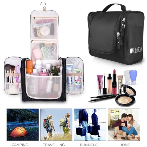 TS WITH TECHSUN Polyester Toiletry Cosmetic Makeup Bag For Women, Travel Organizer Waterproof Shower Wash Bag, Travel Kit Pack With Hanging Hook, Travel Essentials Pouch (Black), 5.7 Cm - Image 2