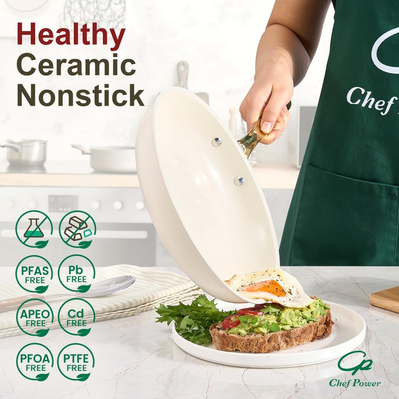Chef Power Ceramic Cookware Sets, 15Pcs Pots and Pans Set Non Stick, Cookware Set with Stainless Steel Handle, Dishwasher & Oven Safe, Cream White and Light Gold Handle - Image 3