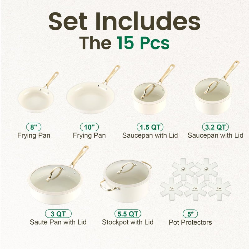 Chef Power Ceramic Cookware Sets, 15Pcs Pots and Pans Set Non Stick, Cookware Set with Stainless Steel Handle, Dishwasher & Oven Safe, Cream White and Light Gold Handle - Image 2