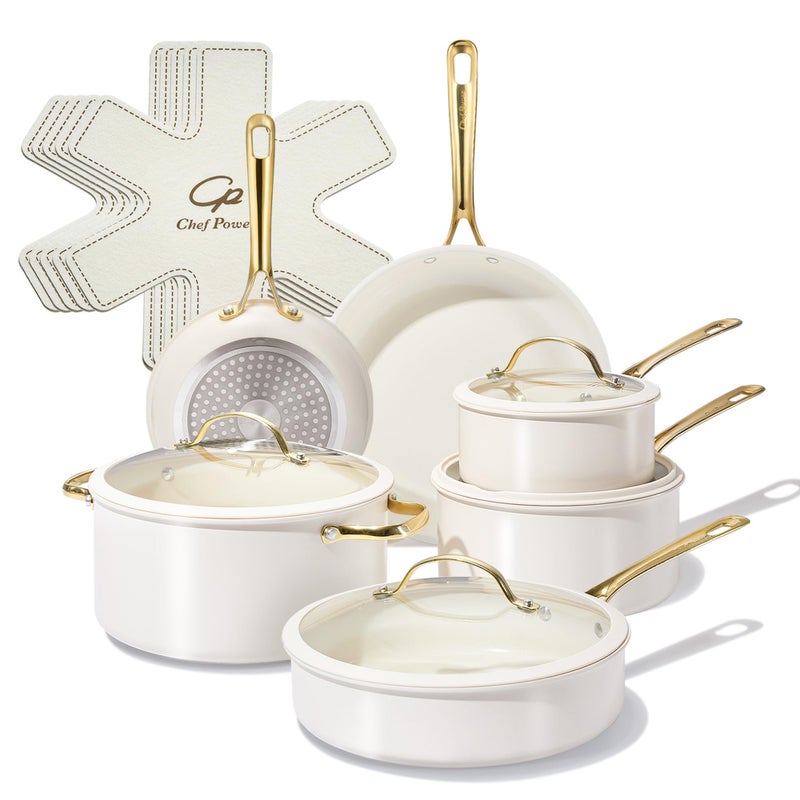 Chef Power Ceramic Cookware Sets, 15Pcs Pots and Pans Set Non Stick, Cookware Set with Stainless Steel Handle, Dishwasher & Oven Safe, Cream White and Light Gold Handle - Image 1