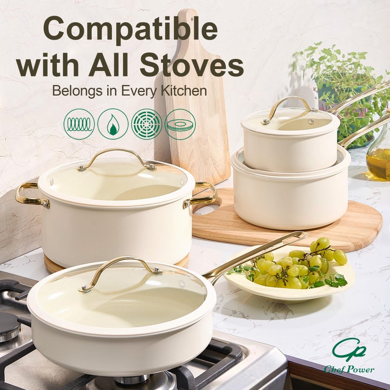Chef Power Ceramic Cookware Sets, 15Pcs Pots and Pans Set Non Stick, Cookware Set with Stainless Steel Handle, Dishwasher & Oven Safe, Cream White and Light Gold Handle - Image 5