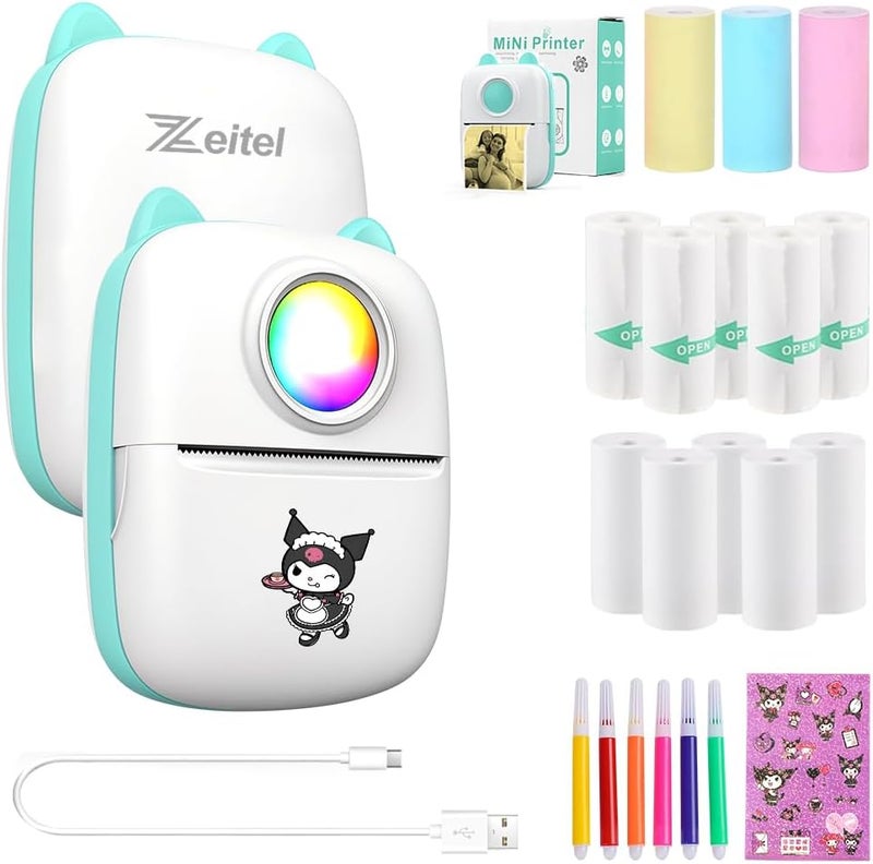 Zeitel طابعة حرارية بلوتوث مصغرة ® مع LED، طابعة ملصقات محمولة بدون حبر لأنظمة Android و iOS، طابعة حرارية سوداء على أبيض مع 13 لفة من الورق، 5 أقلام ملونة، ملصق واحد من Kuromi، أزرق - Image 1