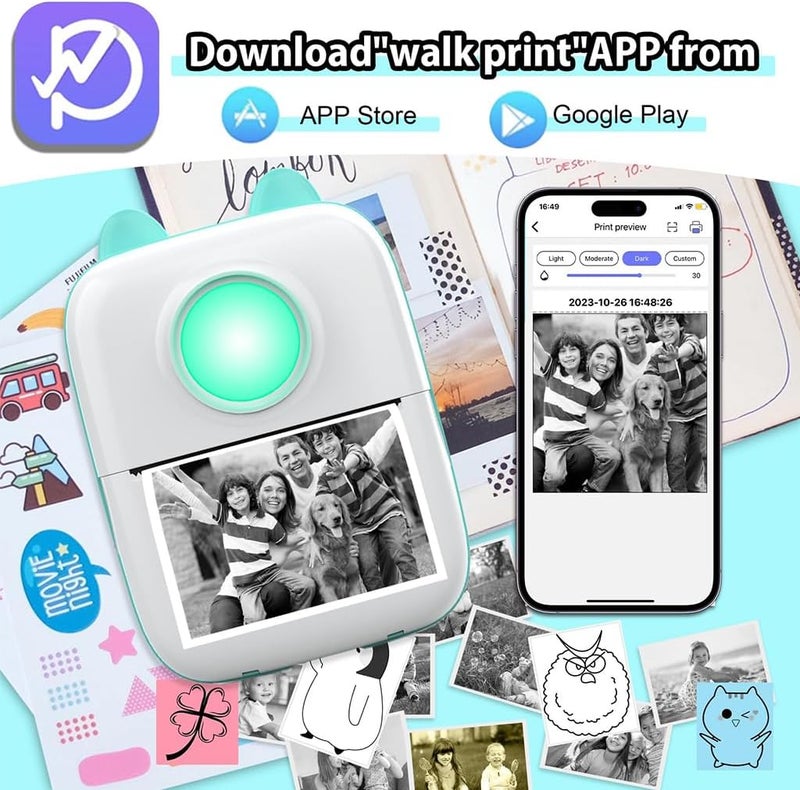 Zeitel طابعة حرارية بلوتوث مصغرة ® مع LED، طابعة ملصقات محمولة بدون حبر لأنظمة Android و iOS، طابعة حرارية سوداء على أبيض مع 13 لفة من الورق، 5 أقلام ملونة، ملصق واحد من Kuromi، أزرق - Image 2