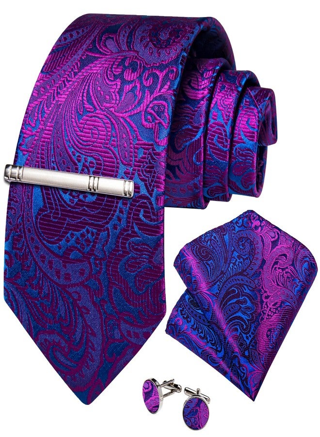 DiBanGu Silk Floral Ties for Men Woven Paisley Necktie and Tie Clip Handkerchief Cufflinks Set for Party Wedding, Hot Pink and Blue - Image 3