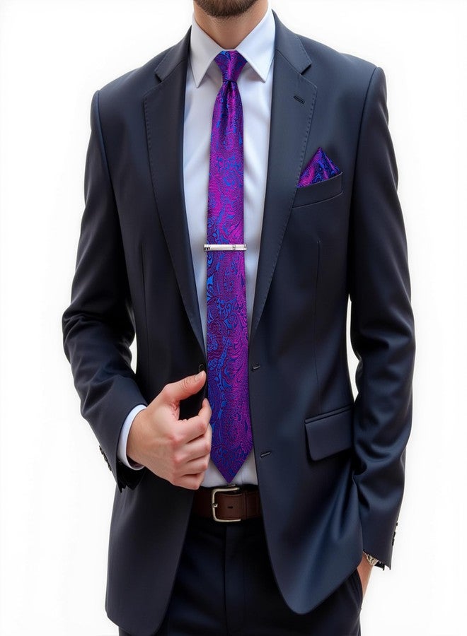 DiBanGu Silk Floral Ties for Men Woven Paisley Necktie and Tie Clip Handkerchief Cufflinks Set for Party Wedding, Hot Pink and Blue - Image 2