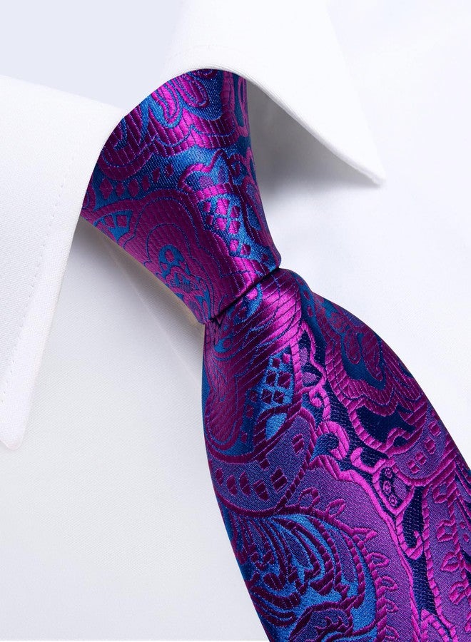 DiBanGu Silk Floral Ties for Men Woven Paisley Necktie and Tie Clip Handkerchief Cufflinks Set for Party Wedding, Hot Pink and Blue - Image 5