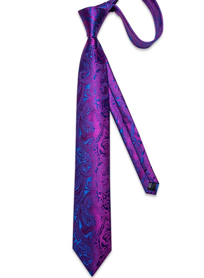 DiBanGu Silk Floral Ties for Men Woven Paisley Necktie and Tie Clip Handkerchief Cufflinks Set for Party Wedding, Hot Pink and Blue - Image 4