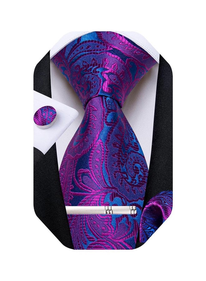 DiBanGu Silk Floral Ties for Men Woven Paisley Necktie and Tie Clip Handkerchief Cufflinks Set for Party Wedding, Hot Pink and Blue - Image 1
