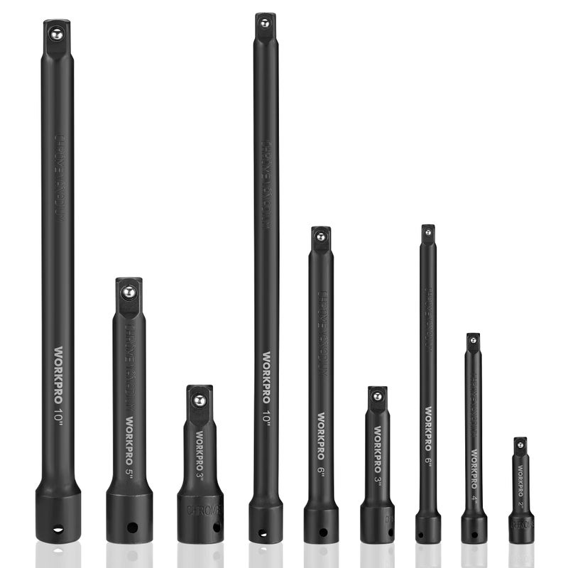 WORKPRO 9 PCS Impact Driver Extension Bar Set, 1/4", 3/8" and 1/2" Drive Socket Extension, Premium Chrome Vanadium Steel with Black Phosphate Finish, Storage Tray Included - Image 1