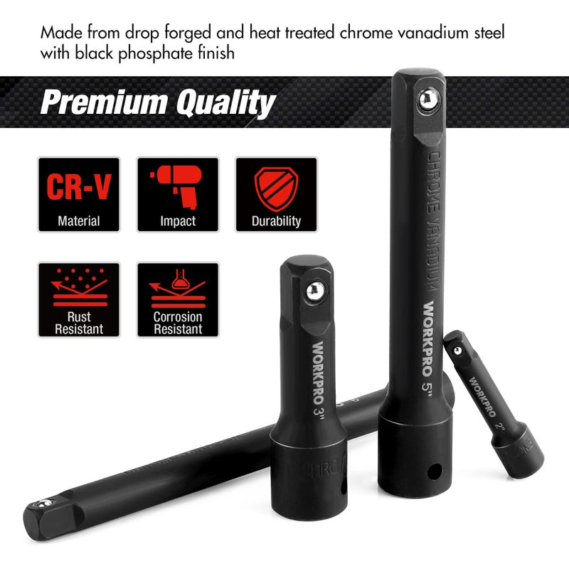 WORKPRO 9 PCS Impact Driver Extension Bar Set, 1/4", 3/8" and 1/2" Drive Socket Extension, Premium Chrome Vanadium Steel with Black Phosphate Finish, Storage Tray Included - Image 3