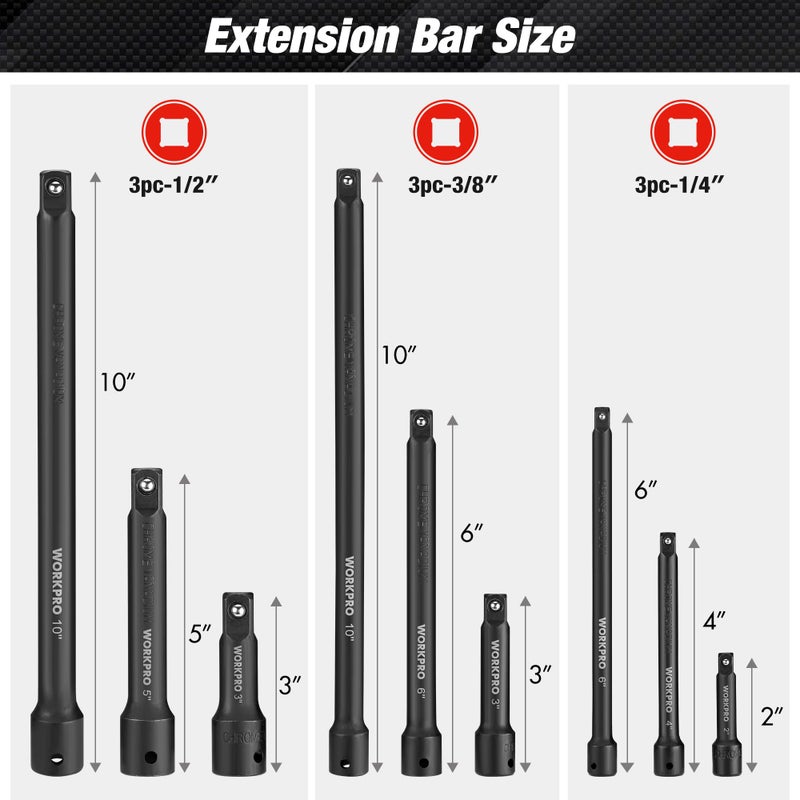 WORKPRO 9 PCS Impact Driver Extension Bar Set, 1/4", 3/8" and 1/2" Drive Socket Extension, Premium Chrome Vanadium Steel with Black Phosphate Finish, Storage Tray Included - Image 2