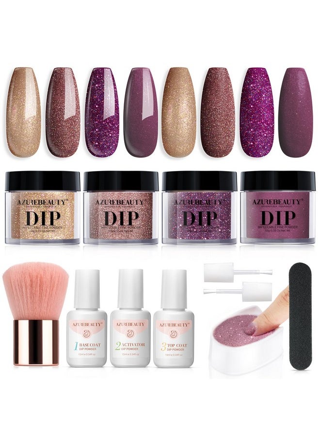 AZUREBEAUTY - AZUREBEAUTY Dip Powder Nail Kit, 4 Colors Brown Purple Glitter Dipping Powder Starter Liquid Set Recycling Tray with Base & Top Coat Activator for French Nail Art Manicure Salon DIY at Home - Image 1