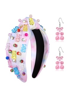 HSWE Knotted Headband for Women Gummy Bear Lollipop Candy Crystal Jeweled Embellished Top Knot Hairband Statement Wide Turban Hair Hoop Funny Gifts for Girls Sister Bff Birthday Holiday Party 