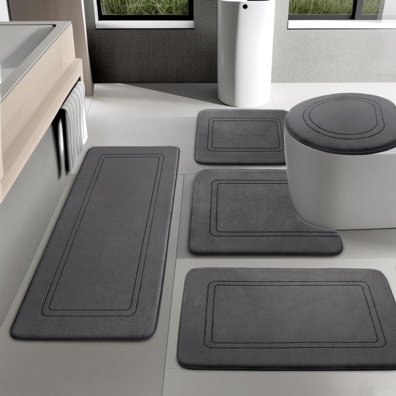YIHOUSE Dark Grey Memory Foam Bathroom Rug Set 5 Piece,Ultra Absorbent, Non Slip Bath Matsï¼ŒWashable Dry Quickly Bath Rug Set for Bathroom Floor, Dark Grey Bath Mat Set 5 Piece - Image 1