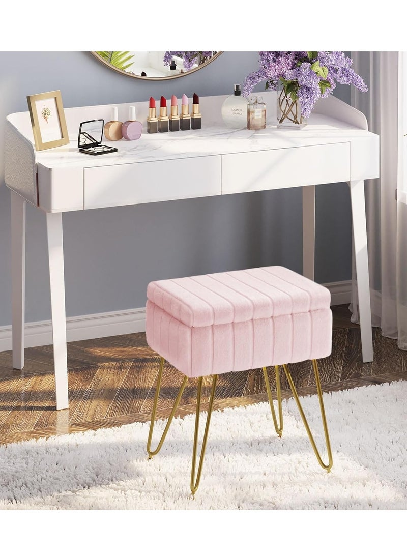 Pink Storage Ottoman Stool, Furry Vanity Makeup Chair with Storage for Bedroom, Soft Plush Footrest Pouf, Modern Accent Seat with Metal Legs for Living Room, Women Girls Gift (Pink)) - Image 2