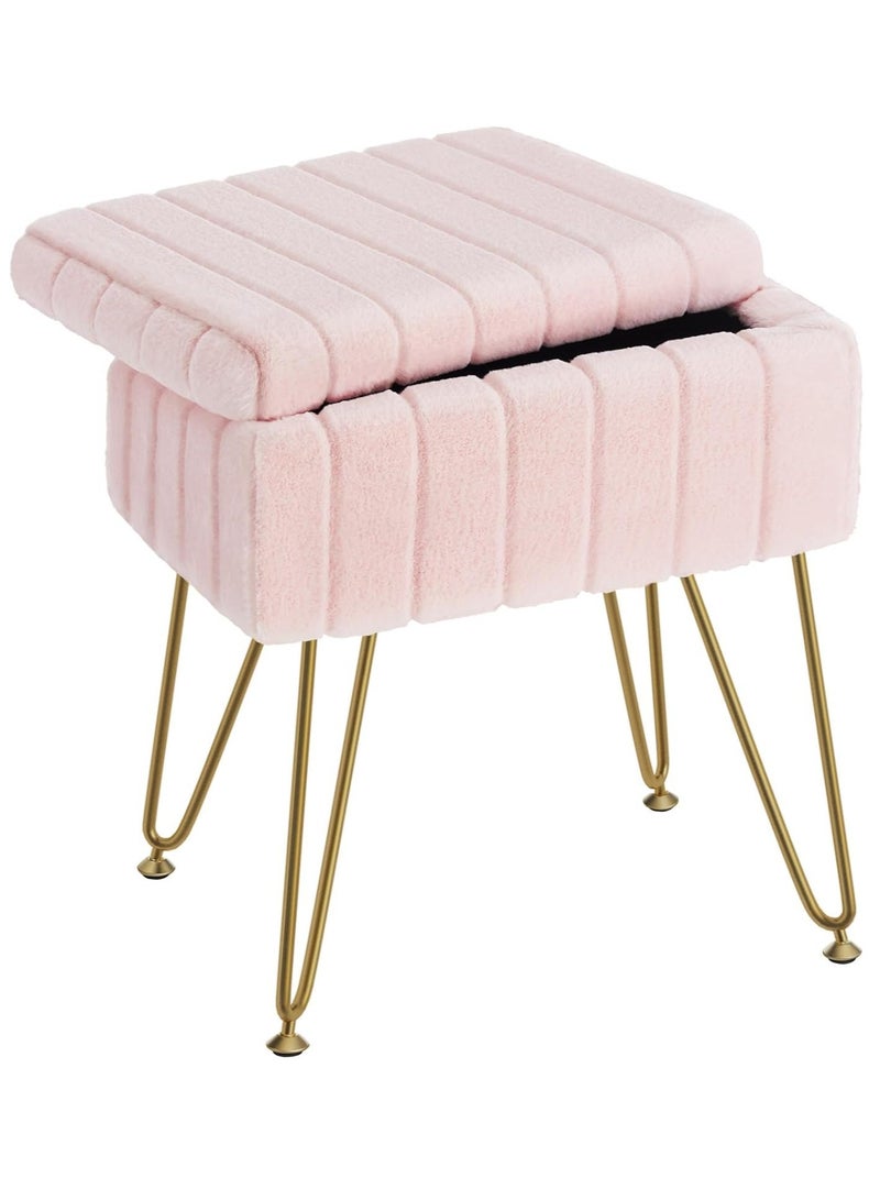 Pink Storage Ottoman Stool, Furry Vanity Makeup Chair with Storage for Bedroom, Soft Plush Footrest Pouf, Modern Accent Seat with Metal Legs for Living Room, Women Girls Gift (Pink)) - Image 1