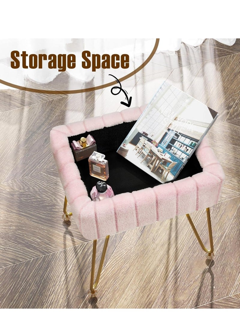 Pink Storage Ottoman Stool, Furry Vanity Makeup Chair with Storage for Bedroom, Soft Plush Footrest Pouf, Modern Accent Seat with Metal Legs for Living Room, Women Girls Gift (Pink)) - Image 3
