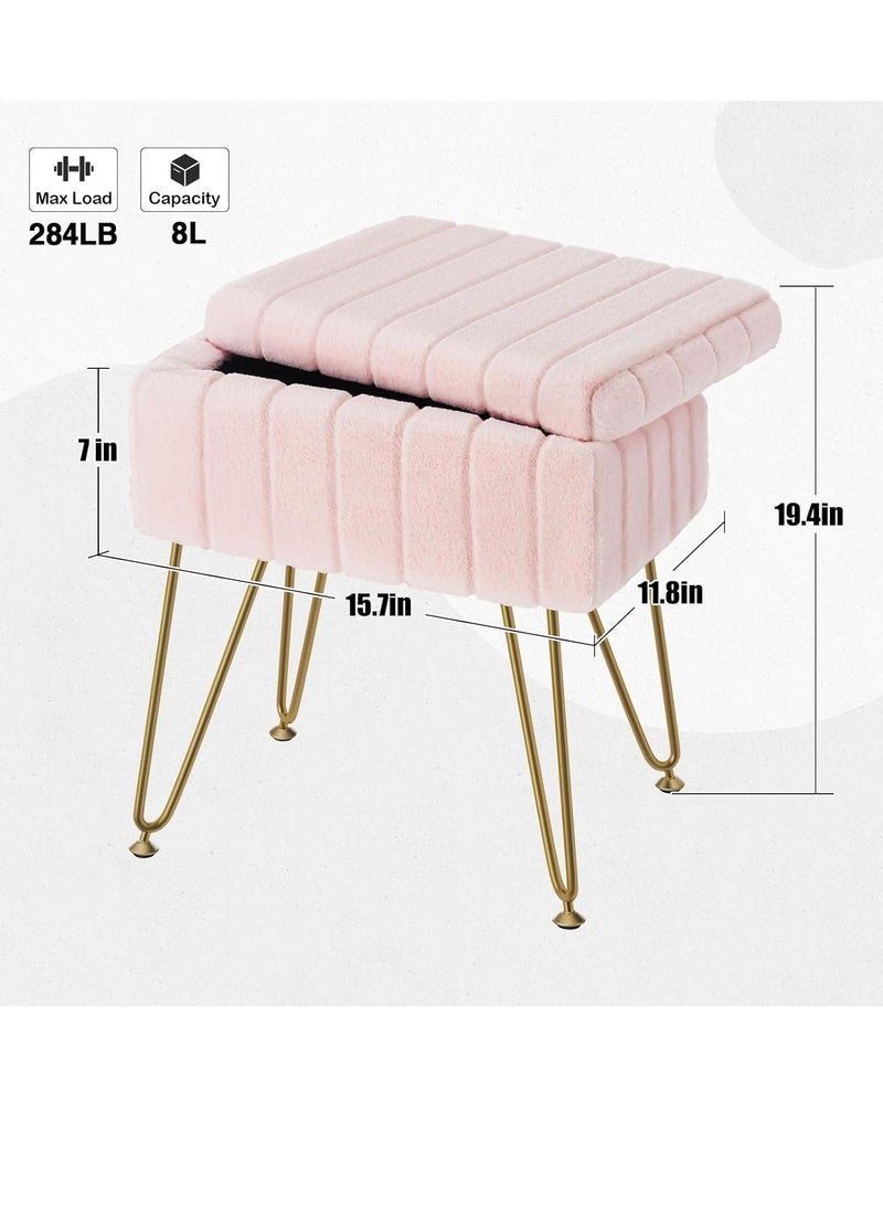 Pink Storage Ottoman Stool, Furry Vanity Makeup Chair with Storage for Bedroom, Soft Plush Footrest Pouf, Modern Accent Seat with Metal Legs for Living Room, Women Girls Gift (Pink)) - Image 5