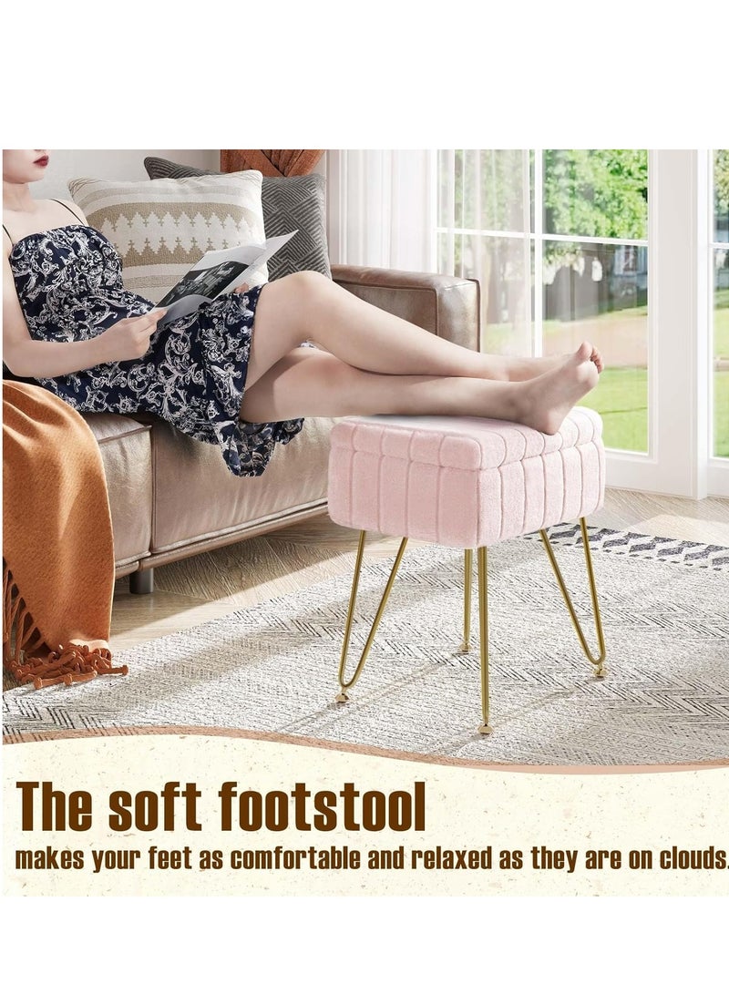 Pink Storage Ottoman Stool, Furry Vanity Makeup Chair with Storage for Bedroom, Soft Plush Footrest Pouf, Modern Accent Seat with Metal Legs for Living Room, Women Girls Gift (Pink)) - Image 4