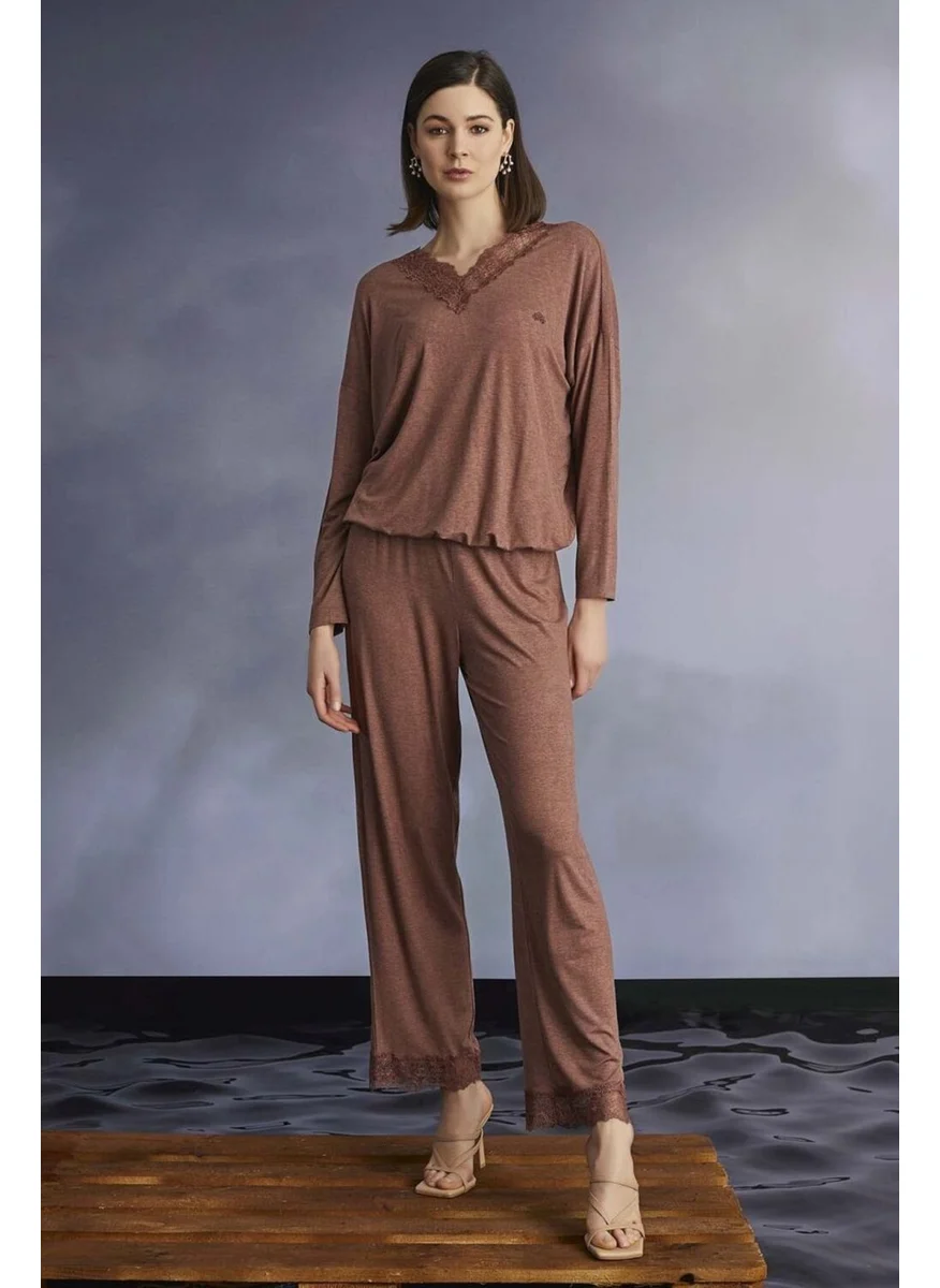 Monamise 22112 Women's Lace V Neck Long Sleeve Pajama Set