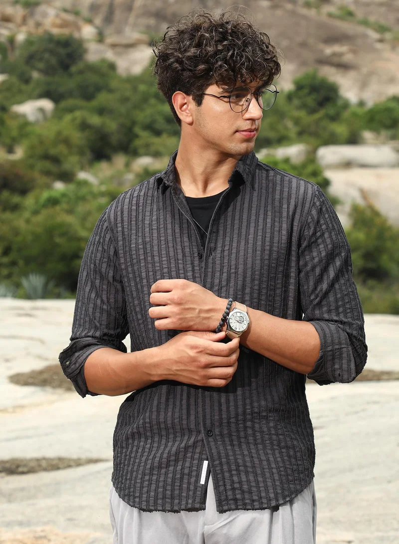 Campus Sutra Campus Sutra Men's Charcoal Grey Edgy-Stripe Jacquard Shirt | Spread Collar , Long Sleeve Cuffed Sleeves , Button Closure | Stripes Jacquard | Cotton-Blend Shirt For Casual Wear