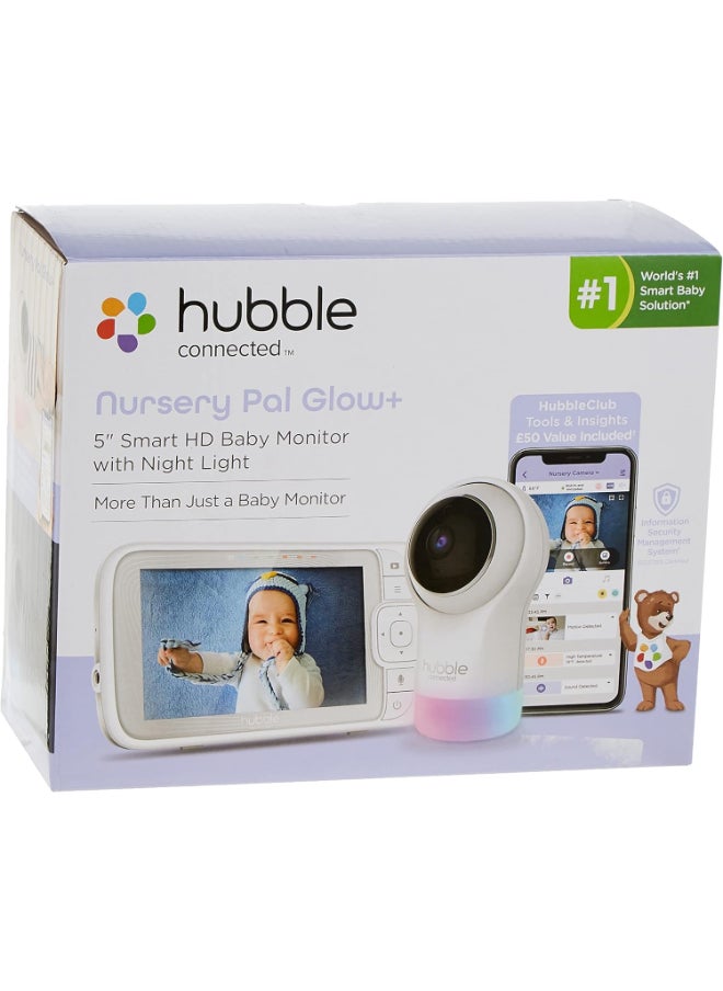 hubble connected - Hubble Connected Nursery Pal Glow+ - Smart Baby Monitor For Infants/Babies With Wireless Security Video Camera For Nursery - 5 Inch Full Hd Parent Unit, 2 - Way Talk, Sleep Trainer,Infrared Night Vision - White - Image 1
