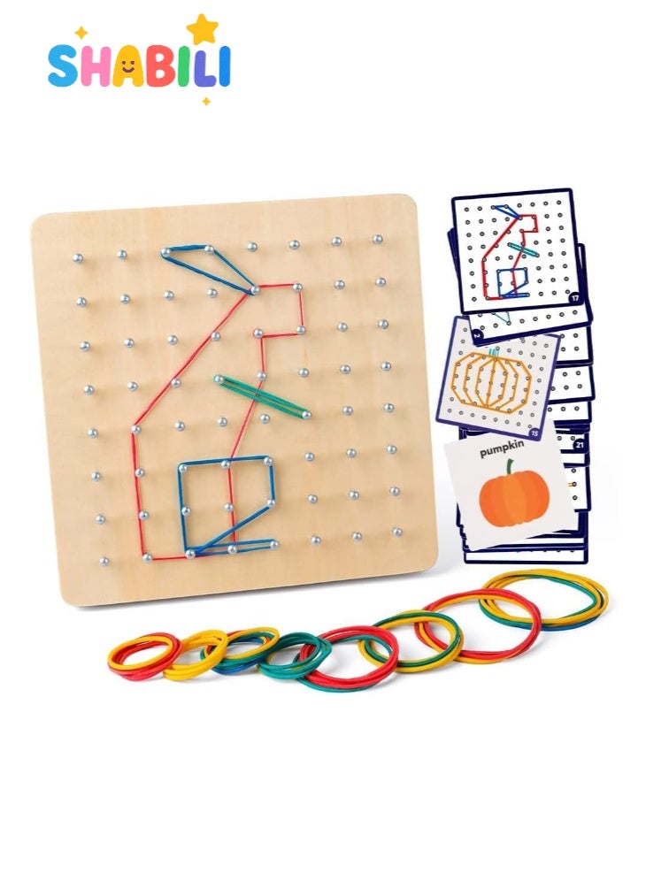 SHABILI Wooden Geoboard Puzzle Board with Rubber Bands & 23 Pattern Cards, STEM Montessori Educational Toy and Logic Puzzle for Kids, Brain Games Toy for Preschool Classroom Homeschool Kids Boys Girls Age 3+ - Image 1