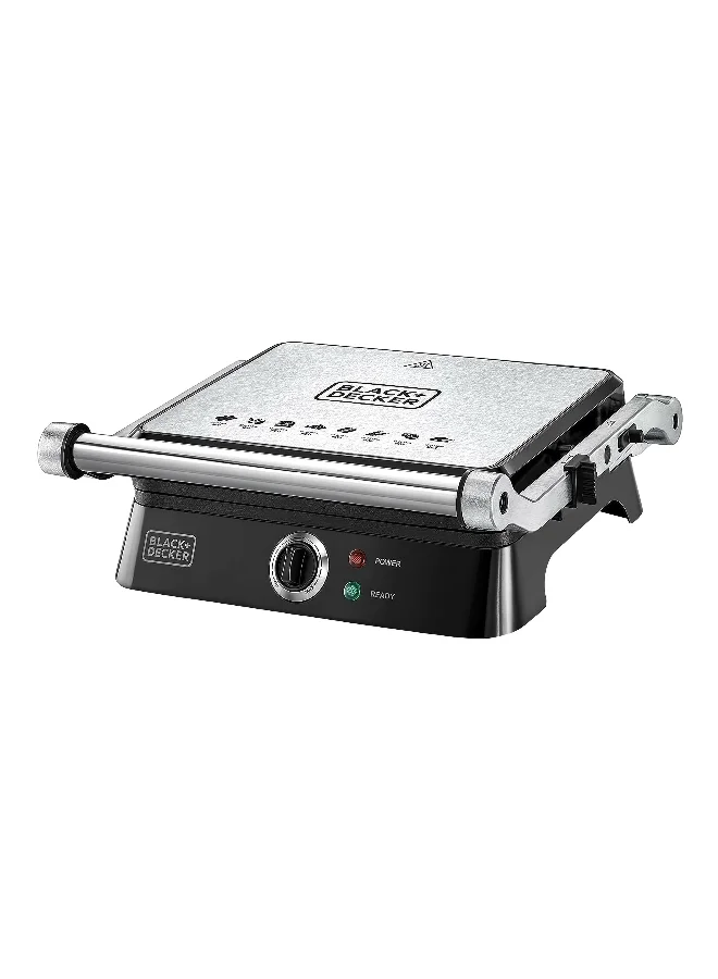 BLACK+DECKER 1400W Contact Grill with Full Flat Grill for Barbeque Black and Silver 35.5 x 14.5 x 37 cm CG1400-B5