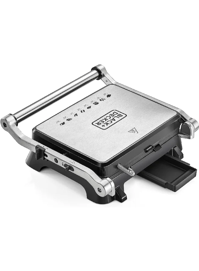 BLACK+DECKER 1400W Contact Grill with Full Flat Grill for Barbeque Black and Silver 35.5 x 14.5 x 37 cm CG1400-B5