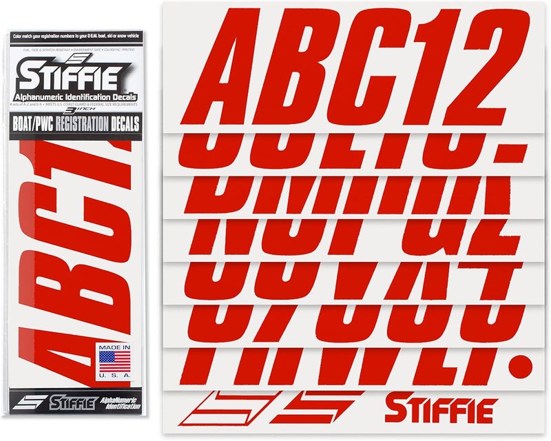 Stiffie مجموعة STIFFIE Shift Red الحمراء المكونة من لصقات أرقام تسجيل ألفائية ورقمية بطول 3 بوصات، مناسبة للقوارب والمركبات المائية الشخصية. - Image 2