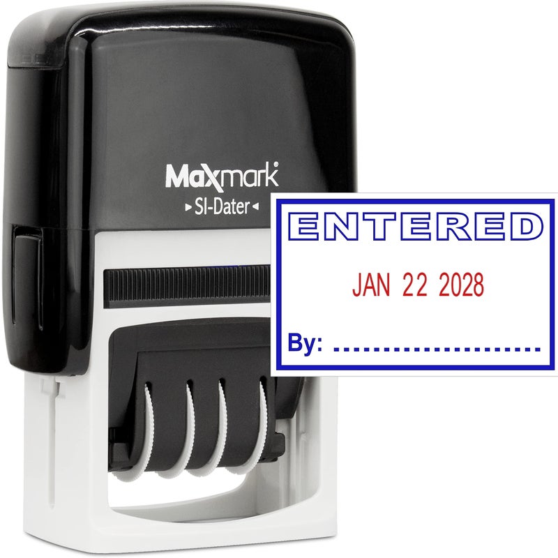 MaxMark Office Self Inking Date Stamp with Phrase Entered - 2 Color Blue/Red Ink - Image 1