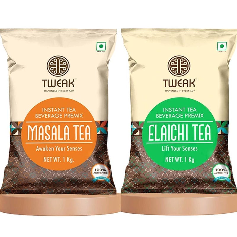 Tweak Instant Masala Tea + Elaichi Tea 1kg Each (Total 2 Pack) | Authentic Spice & Cardamom Flavoured Tea| Make 62 cup of 100ml from 1 kg pack | Instant Chai Mix | Regular Sugar - Image 1
