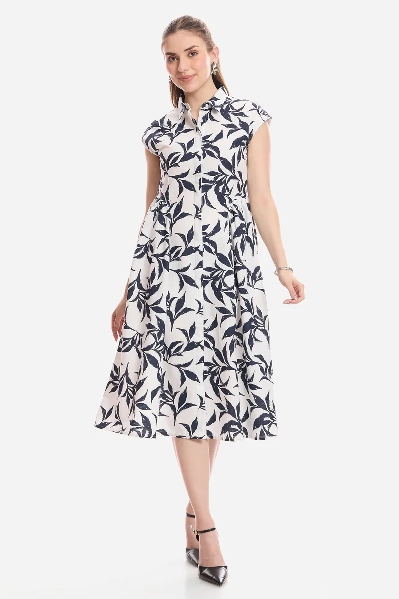 فيرجيو Tropical Cotton Gathered Shirt Midi Dress for Women