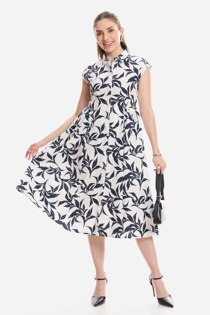 فيرجيو Tropical Cotton Gathered Shirt Midi Dress for Women