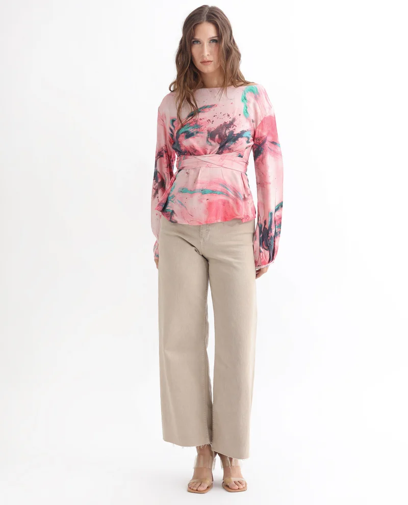 Rareism Women's Abstract Print Exaggerated Tie Up Top