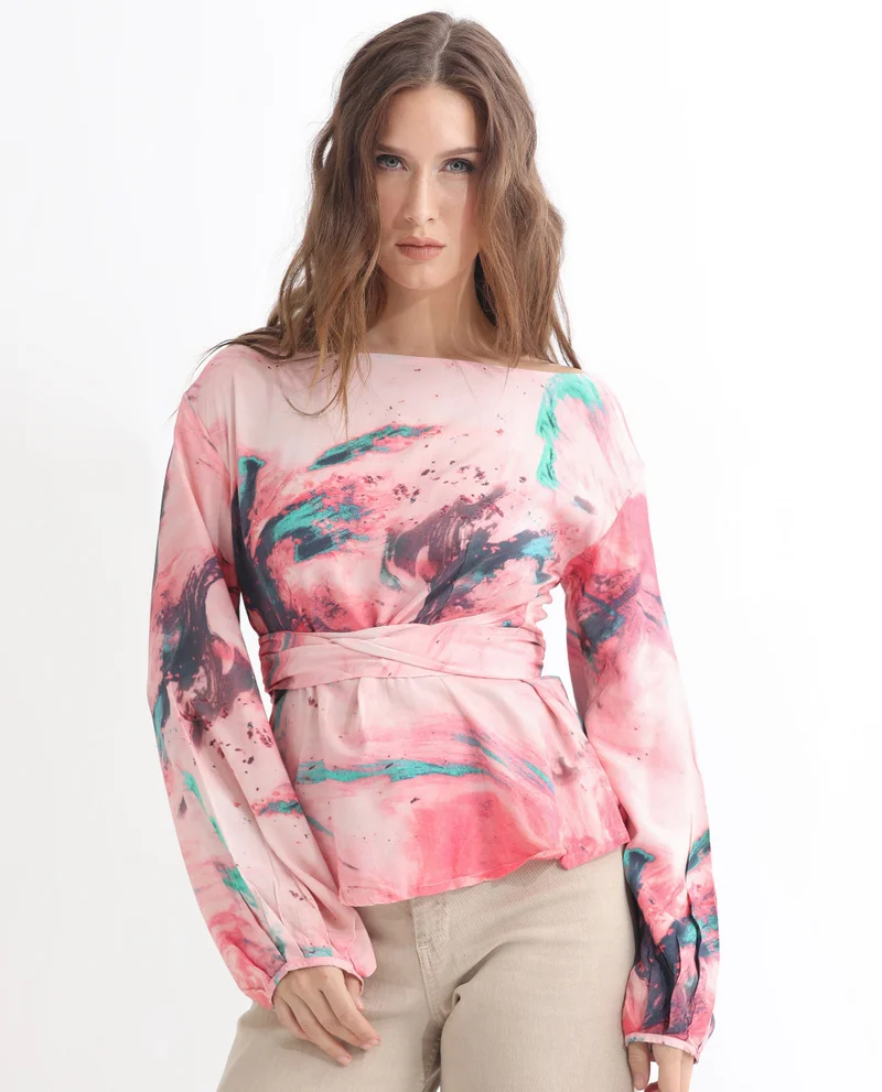 Rareism Women's Abstract Print Exaggerated Tie Up Top