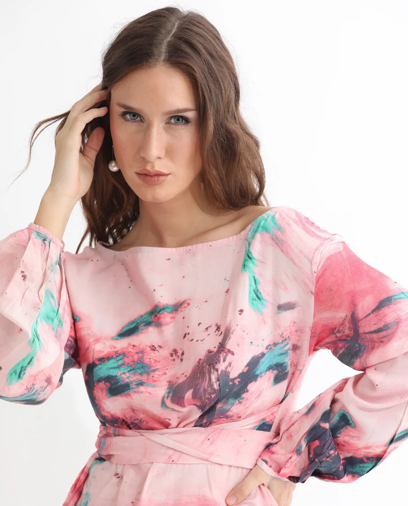 Rareism Women's Abstract Print Exaggerated Tie Up Top
